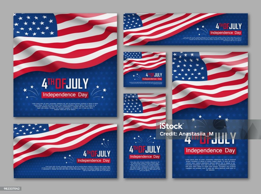 Independence day celebration banners set Independence day celebration banners set. 4th of july felicitation greeting cards with waving american national flag on blue background. USA country federal patriotic holiday. Vector illustration Fourth of July stock vector