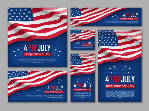 Independence day celebration banners set Independence day celebration banners set. 4th of july felicitation greeting cards with waving american national flag on blue background. USA country federal patriotic holiday. Vector illustration independence day stock illustrations