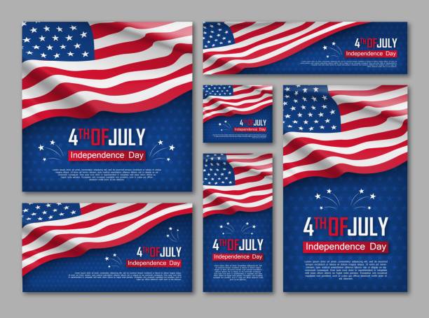 Independence day celebration banners set Independence day celebration banners set. 4th of july felicitation greeting cards with waving american national flag on blue background. USA country federal patriotic holiday. Vector illustration 4th july stock illustrations