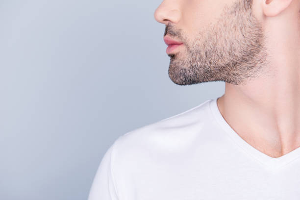 advertising barbershop concept. profile close up half face cropped portrait of handsome brunet  man with perfect stunning cut of his beard, in white t-shirt isolated on light grey background - stubble imagens e fotografias de stock