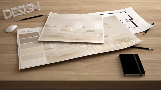 istock Architect designer concept, table close up with interior renovation draft, plan and color palette, project idea background, modern living room 982364898
