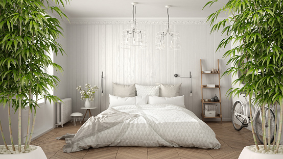 Zen interior with potted bamboo plant, natural interior design concept, scandinavian minimalist bedroom with herringbone parquet, white architecture