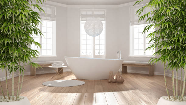 Zen interior with potted bamboo plant, natural interior design concept, classic spa bathroom with bathtub, minimalist scandinavian architecture Zen interior with potted bamboo plant, natural interior design concept, classic spa bathroom with bathtub, minimalist scandinavian architecture feng shui photos stock pictures, royalty-free photos & images