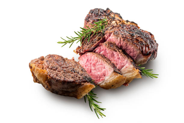 sliced t-bone steak with rosemary - beef meat t bone steak steak imagens e fotografias de stock