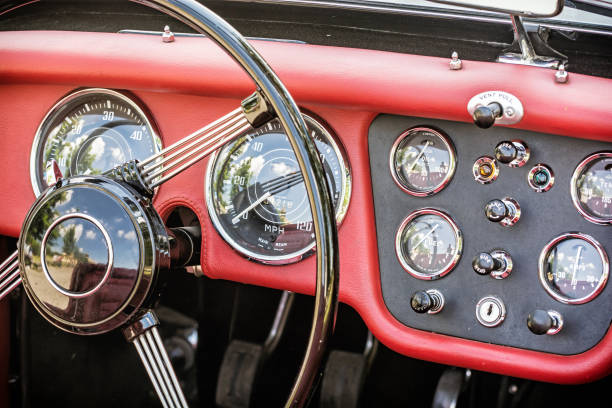 istock Steering wheel and dashboard in historic vintage car 982379204