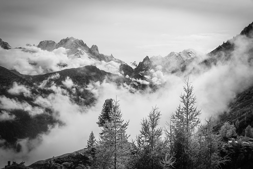 Black and white Chamonix valley in the fall