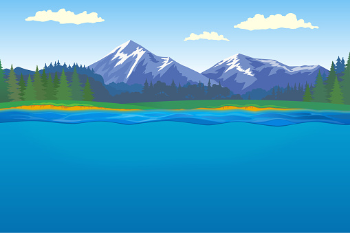 Beautiful horizontal landscape with forest and mountains on background and lake with underwater on foreground.