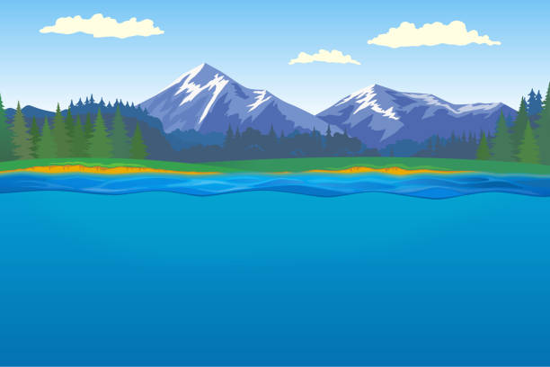 Beautiful landscape with forest, mountain and lake Beautiful horizontal landscape with forest and mountains on background and lake with underwater on foreground. lake stock illustrations