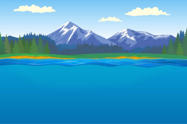 Beautiful landscape with forest, mountain and lake Beautiful horizontal landscape with forest and mountains on background and lake with underwater on foreground. river background stock illustrations