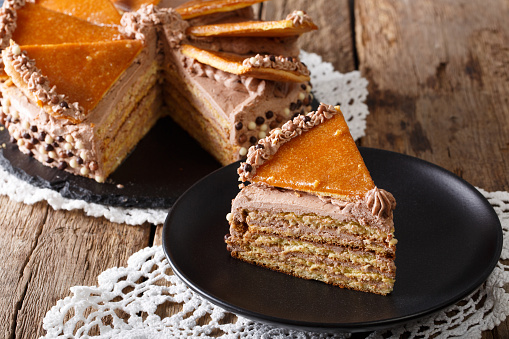 Homemade slice of Hungarian Dobosh cake with caramel close-up on a plate. horizontal