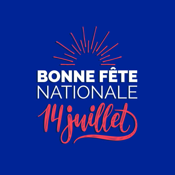 Fete Nationale Francaise, hand lettering. Phrase translated to English French National Day. 14th July vector concept. Fete Nationale Francaise, hand lettering. Phrase translated to English French National Day. Vector illustration on color background of France flag. 14th July concept for greeting card, poster etc. bastille day stock illustrations