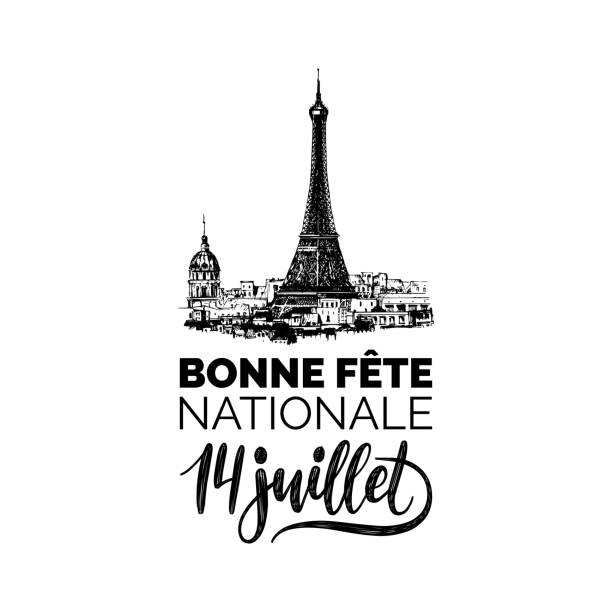 Bonne Fete Nationale,hand lettering.Phrase translated from French Happy National Day.Drawn illustration of Eiffel Tower. Bonne Fete Nationale, hand lettering. Phrase translated from french Happy National Day. Bastille Day design concept.Drawn illustration of Eiffel Tower for French national day greeting card,poster etc. перго в интерьере stock illustrations