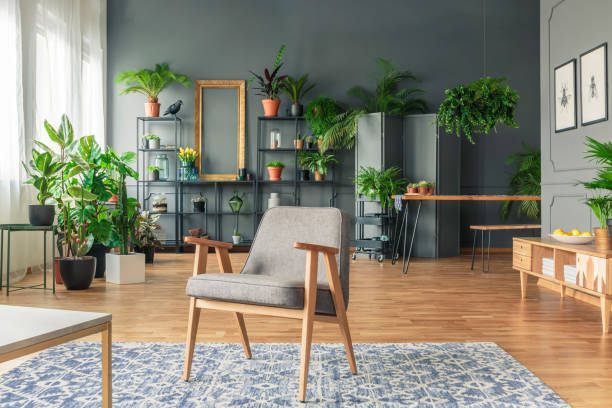 istock A chair standing on a patterned rug in a grey living room interi 982402156