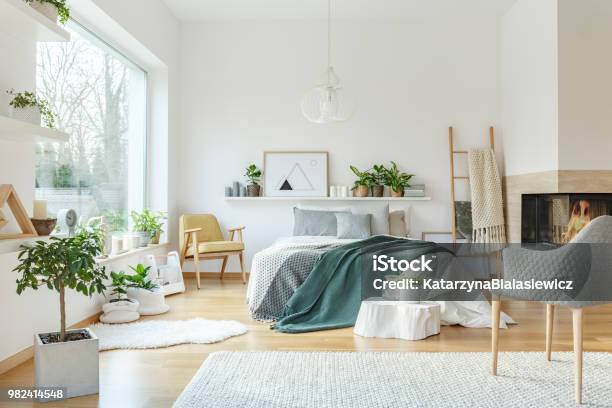 Green And Yellow Bedroom Interior Stock Photo - Download Image Now - Bedroom, Apartment, Armchair