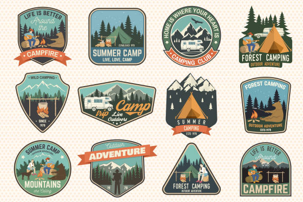 ilustrações, clipart, desenhos animados e ícones de emblemas de conjunto de acampamento de verão. vector. conceito para a camisa, ou impressão, carimbo, patch ou t - patchwork
