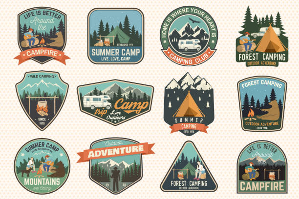 Set of Summer camp badges. Vector. Concept for shirt or , print, stamp, patch or tee. Vintage typography design with rv trailer, camping tent, campfire, bear, man with guitar and forest silhouette