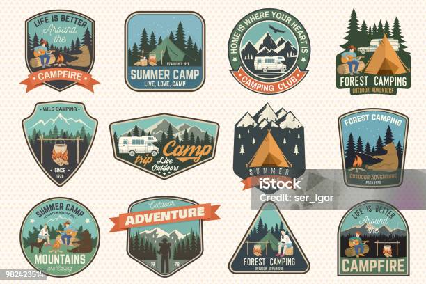 Set Of Summer Camp Badges Vector Concept For Shirt Or Print Stamp Patch Or Tee Stock Illustration - Download Image Now