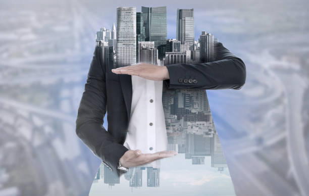 istock Surreal businessman open hand for your text. 982437078