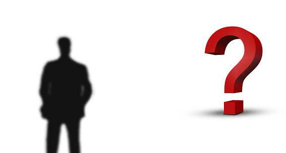 large red 3d question mark and blurred business man