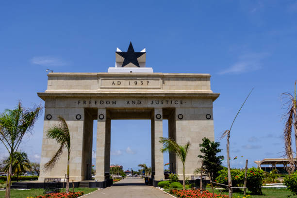 Black Star Monument Accra ACCRA,GHANA - APRIL 11 2018: Beautiful arch of Black Star Gate Monument, part of Independence Square, venue for many national celebrations ghana photos stock pictures, royalty-free photos & images