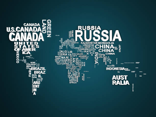 The world map with all states and their names 3d illustration on blue