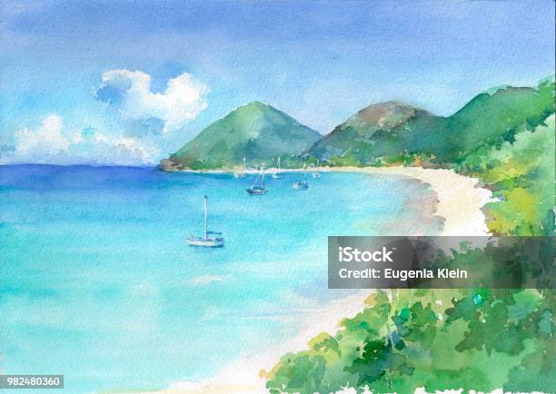 View Of Paradise Bay With Turquoise See Water And White Sandy Beach Stock Illustration - Download Image Now