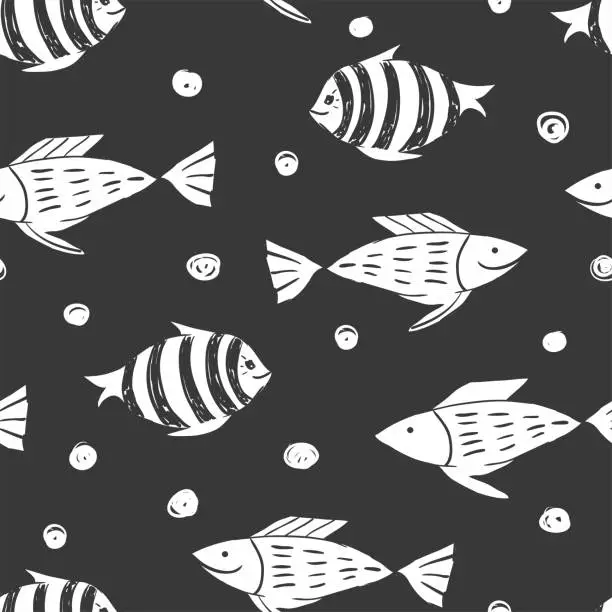 Vector illustration of Fish simple sketh drawn by hand seamless pattern in cartoon style. For wallpapers, web background, textile, wrapping, fabric, kids design