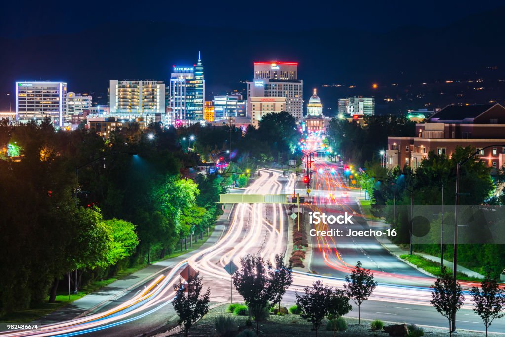 Boise,idaho,usa 2017/06/15 : Boise cityscape at night with traffic light. Boise Stock Photo