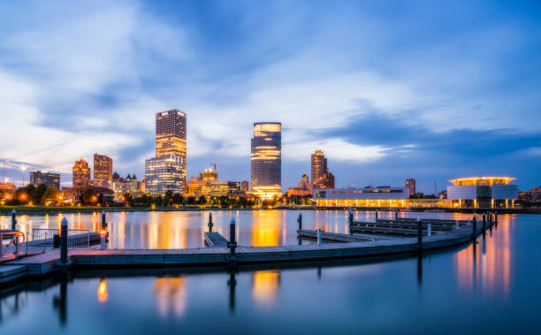 istock beautiful milwaukee  at night with reflection in water ,wisconsin,usa. 982486830