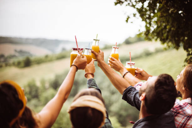 vrienden juichen oranje sappen buitenshuis saamhorigheid - alcoholvrije drank stockfoto's en -beelden