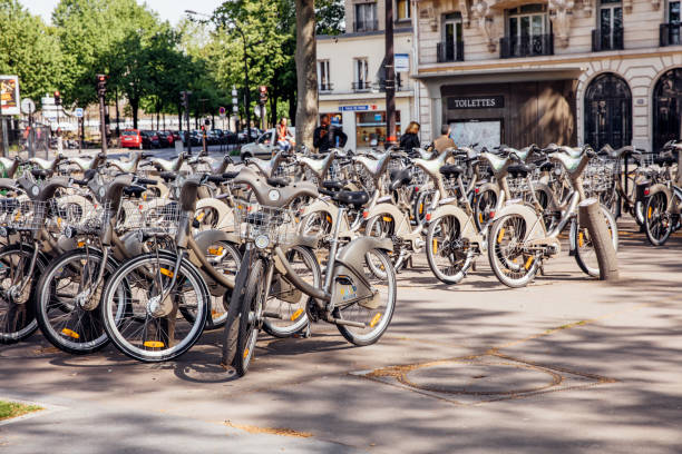 Paris - France - 31/07/18 : Twenty Velib bicycles, made available to Parisians and tourists, stopped at a station rue Lepic, Montmartre.