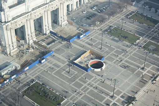 Aerial view of Central station square in Milan with peoples walking