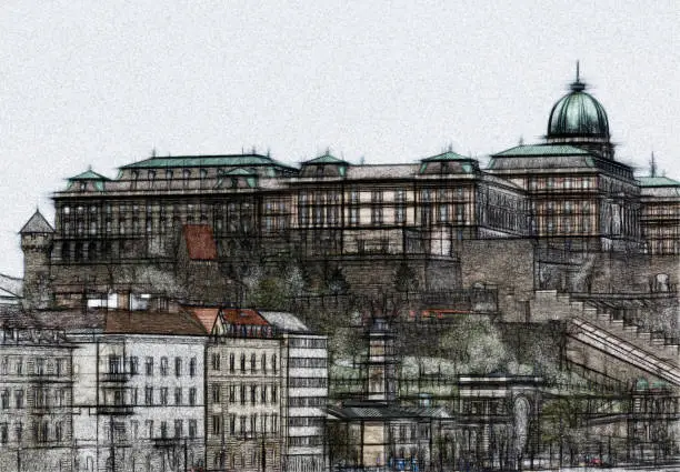 Graphic illustration of the Royal Palace on the hill in Budapest, Hungary with aged copper cupola and the Buda Castle