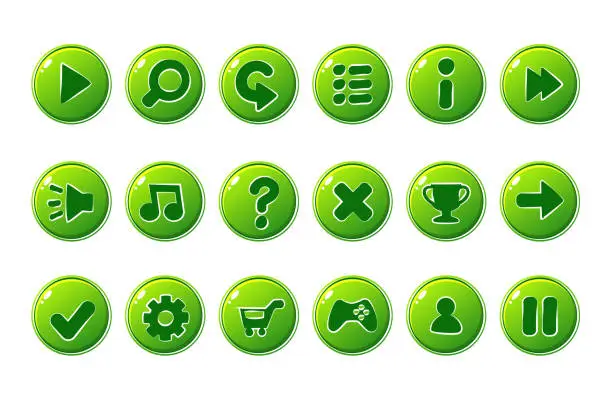 Vector illustration of Glossy green Buttons for all kinds of Casual, Cartoons elements for games assets