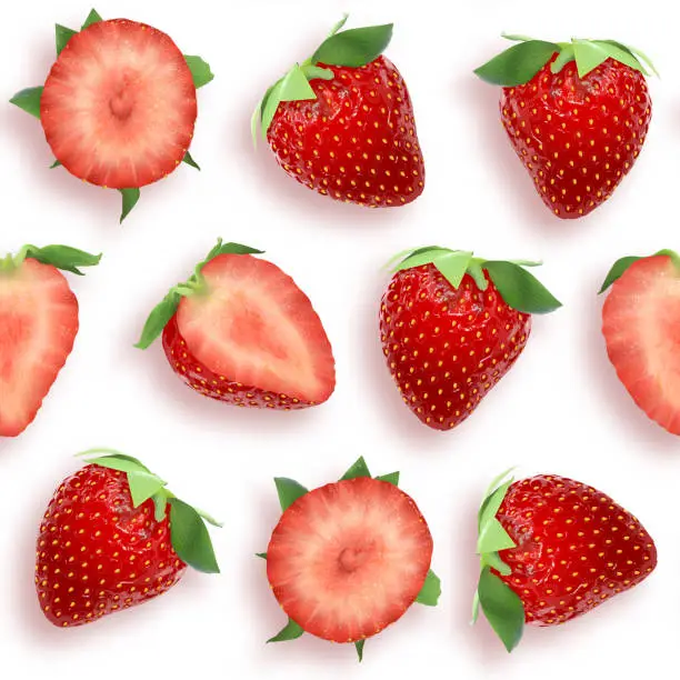 Vector illustration of Strawberry seamless pattern slices and whole berries, top view on white background. Vector stock illustration