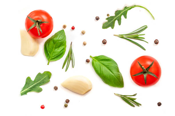 istock Seamless pattern with fresh vegetables, herbs and spices. Isolated on white background. Top view