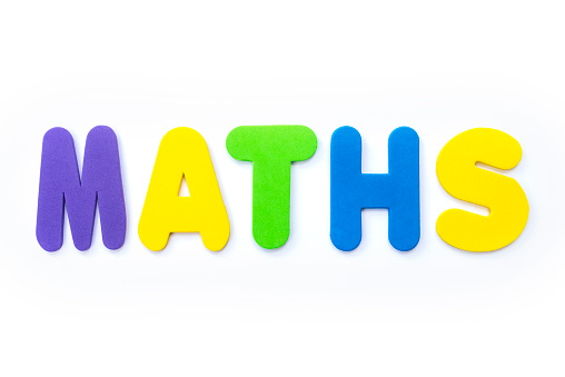 The word MATHS spelt in multi-coloured letters.