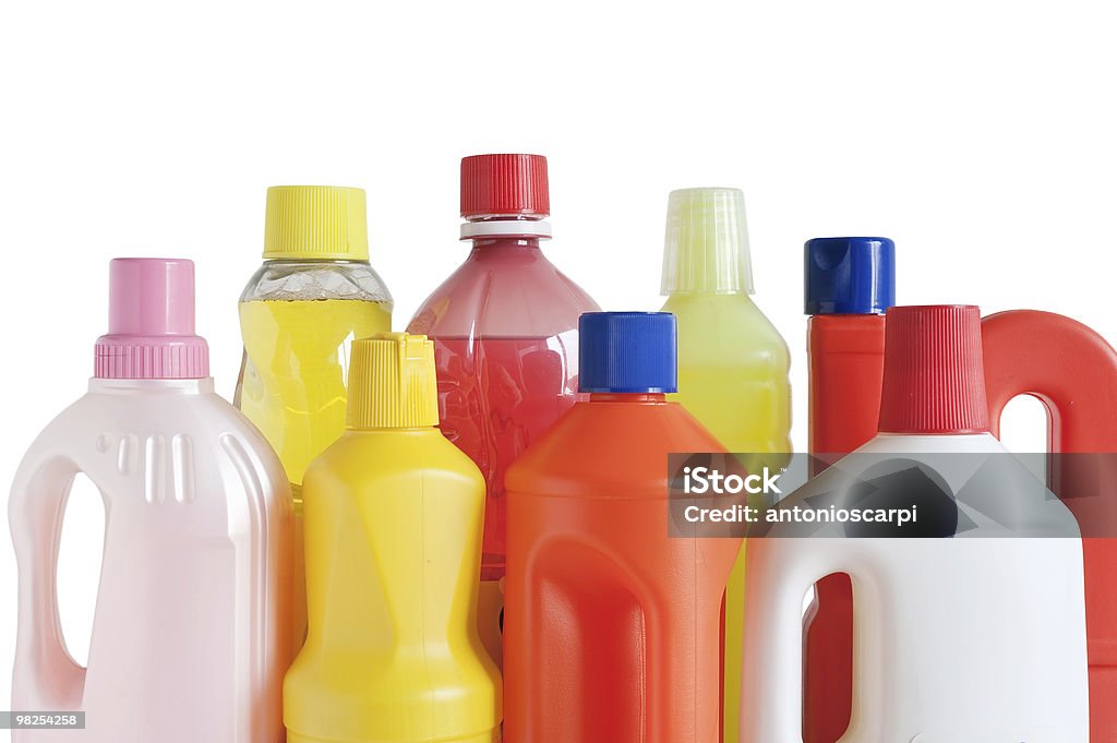 Plastic colorful detergent bottles Colored plastic detergent bottles isolated on white background Alcohol - Drink Stock Photo