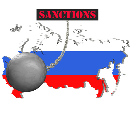 Sanctions against Russia, map of Russia. 3d illustration. Flying steel ball on chain Isolated on white background.