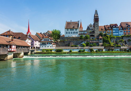 Buildings of the historic part of the town of Bremgarten along the Reuss river. Bremgarten is a municipality in the Swiss canton of Aargau, its medieval old town is listed as a heritage site of national significance.