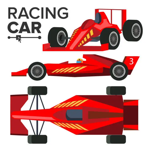 Vector illustration of Racing Car Bolid Vector. Sport Red Racing Car. Front, Side, Back View. Auto Drawing. Illustration