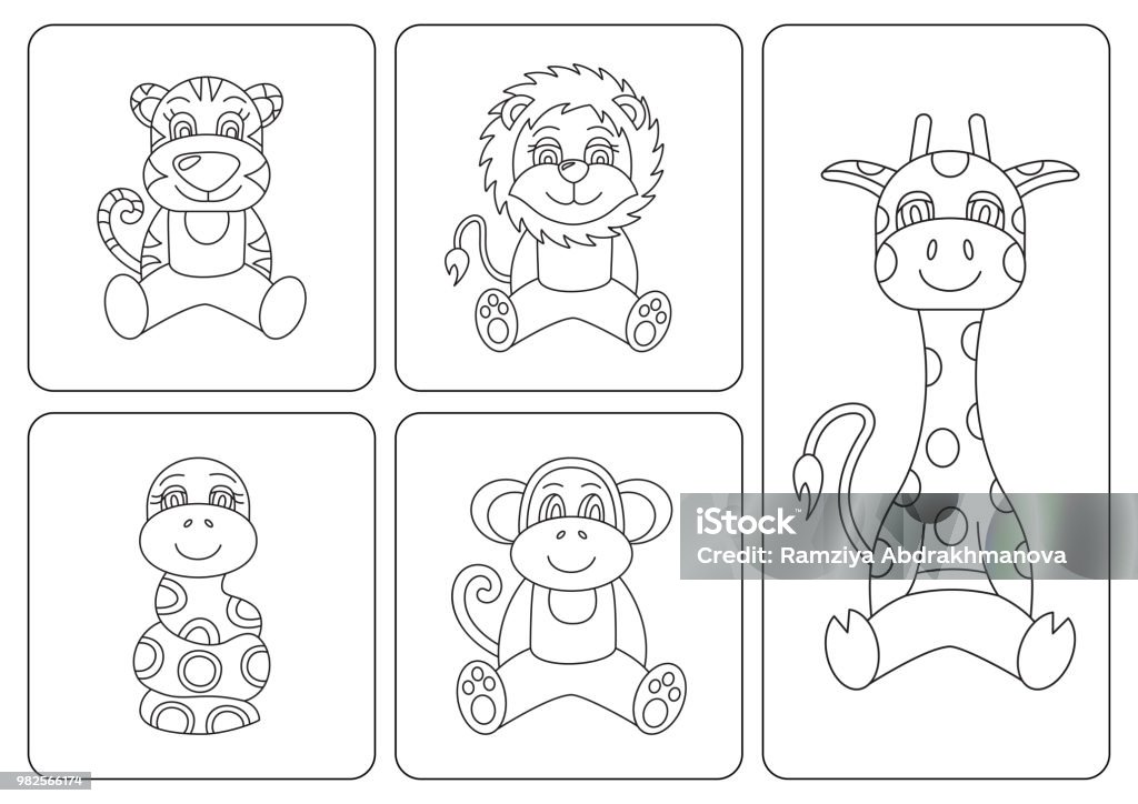 Kids coloring book. Animals: tiger; snake; monkey; giraffe, leo, lion Kids coloring book. Animals: tiger; snake; monkey; giraffe, leo or lion Animal stock vector