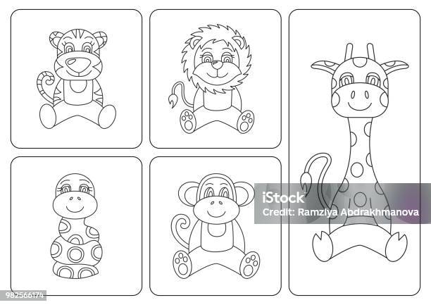 Kids Coloring Book Animals Tiger Snake Monkey Giraffe Leo Lion Stock Illustration - Download Image Now