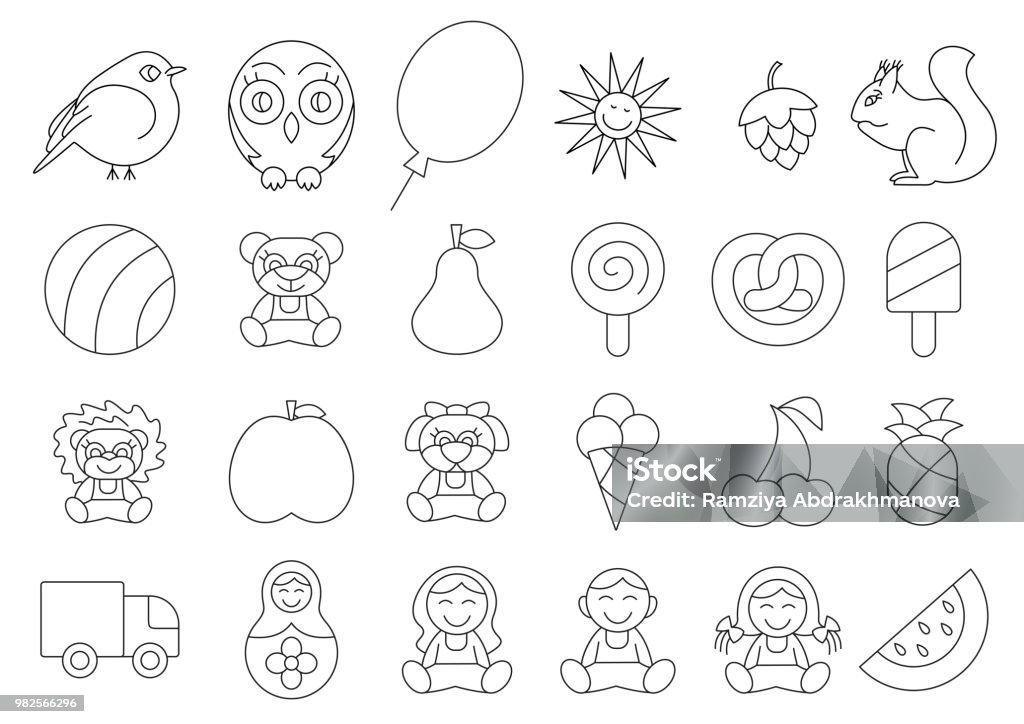Coloring book. Vector kids illustration. Doll, owl, squirrel, sun, ball, toy, balloon, acorn, bear, pear, apple, lollipop, ice cream, leo, dog, cherry, pineapple, matryoshka, girl, boy, watermelon. Black contour set Coloring book. Vector kids illustration. Doll, owl, squirrel, sun, ball, toy, balloon, acorn, bear, pear, apple, lollipop, ice cream, leo, dog, cherry, pineapple, matryoshka, girl, boy and watermelon. Black contour set Doll stock vector
