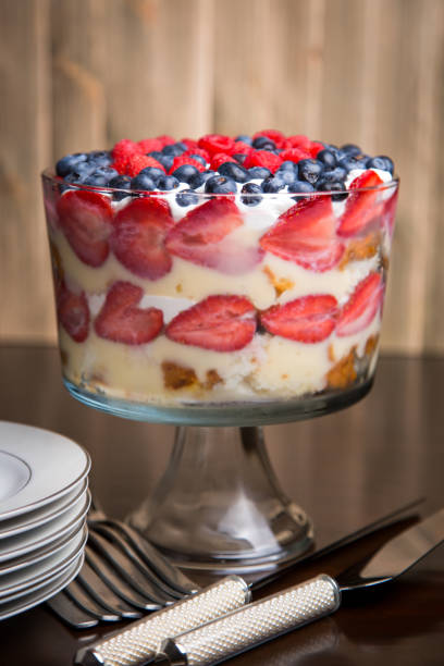 Red, White and Blue Trifle Homemade 4th of July trifle for an Independence Day party. trifle stock pictures, royalty-free photos & images