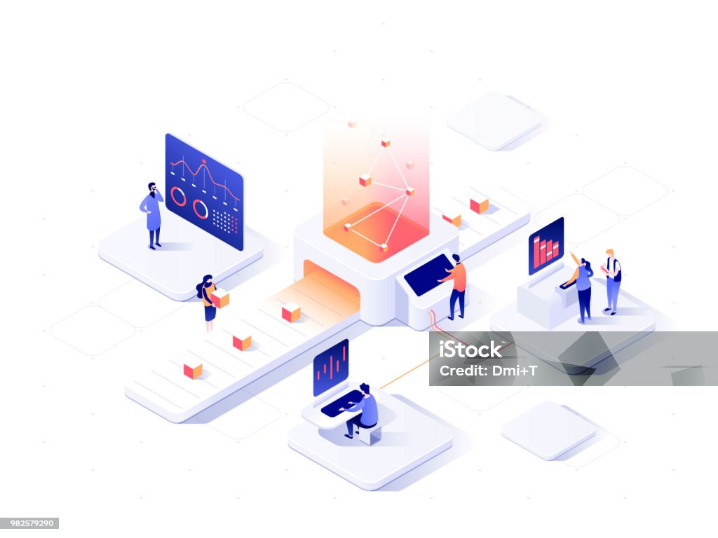 People interacting with charts and analysing statistics. Data visualisation concept. 3d isometric vector illustration. People interacting with charts and analysing statistics. Data visualisation concept. 3d isometric illustration. Isometric Projection stock vector