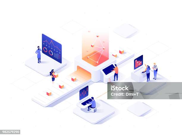 People Interacting With Charts And Analysing Statistics Data Visualisation Concept 3d Isometric Vector Illustration Stock Illustration - Download Image Now