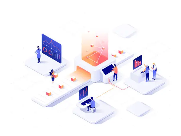 Vector illustration of People interacting with charts and analysing statistics. Data visualisation concept. 3d isometric vector illustration.