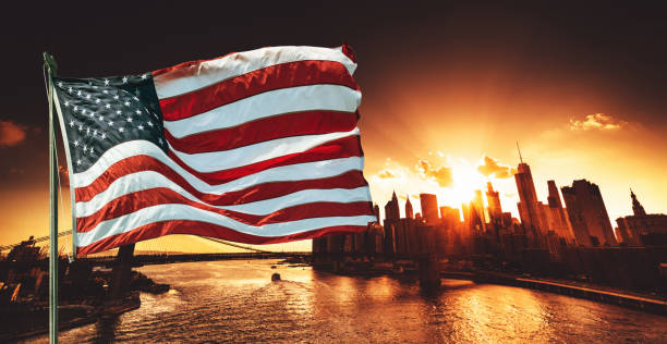 us flag with fireworks in new york city