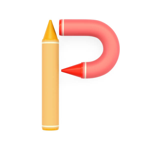 farbige wachskreiden montiert wie großbuchstaben p auf weißem hintergrund, 3d schriftbild gerendert - letter p alphabet three dimensional shape red stock-fotos und bilder
